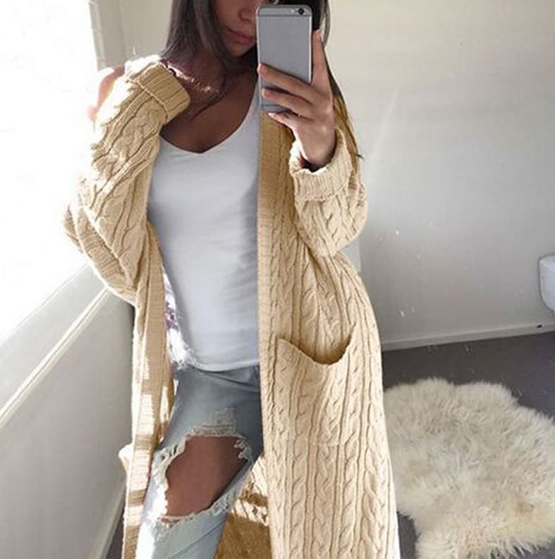 Fashion Women Knitted Chunky Cardigan Sweater Open Front Pocket Coat Winter Casual Long Jumper Coat Jacket Tops