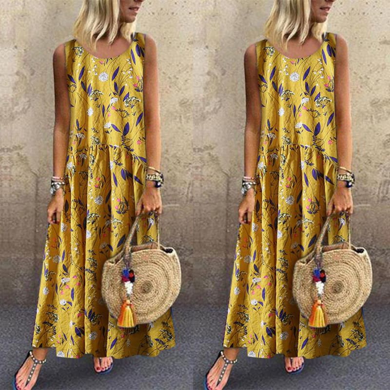 Women Boho Floral Long Maxi Dresses Ladies Sleeveless Loose Summer Casual O Neck Party Maxi Dress Sundress