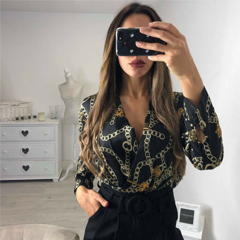 Vintage Silk Rompers Womens Jumpsuit Long Sleeve Chain Print Top Shirt Ladies Deep V Neck Key Printed Sexy Satin Bodysuits