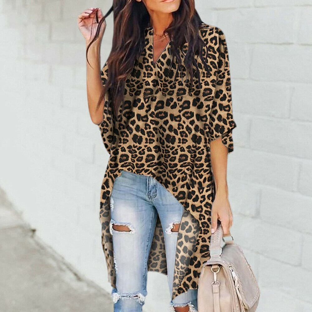 Summer Leopard Print Chiffon Half Sleeve Casual Shirt Tops Blouse