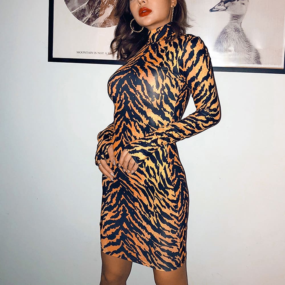 Leopard Dress Sexy Womens Lady Long Sleeve Bandage Bodycon Evening Party Short Mini Dress Slim Fit Clubwear