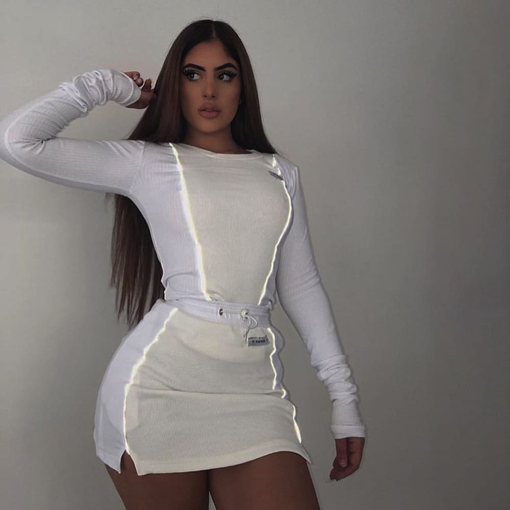 New Women¡ès Two Pieces Reflective Striped Long Sleeve Pullover Crop Top + Sexy Bottom Skirt Outfit Tracksuit