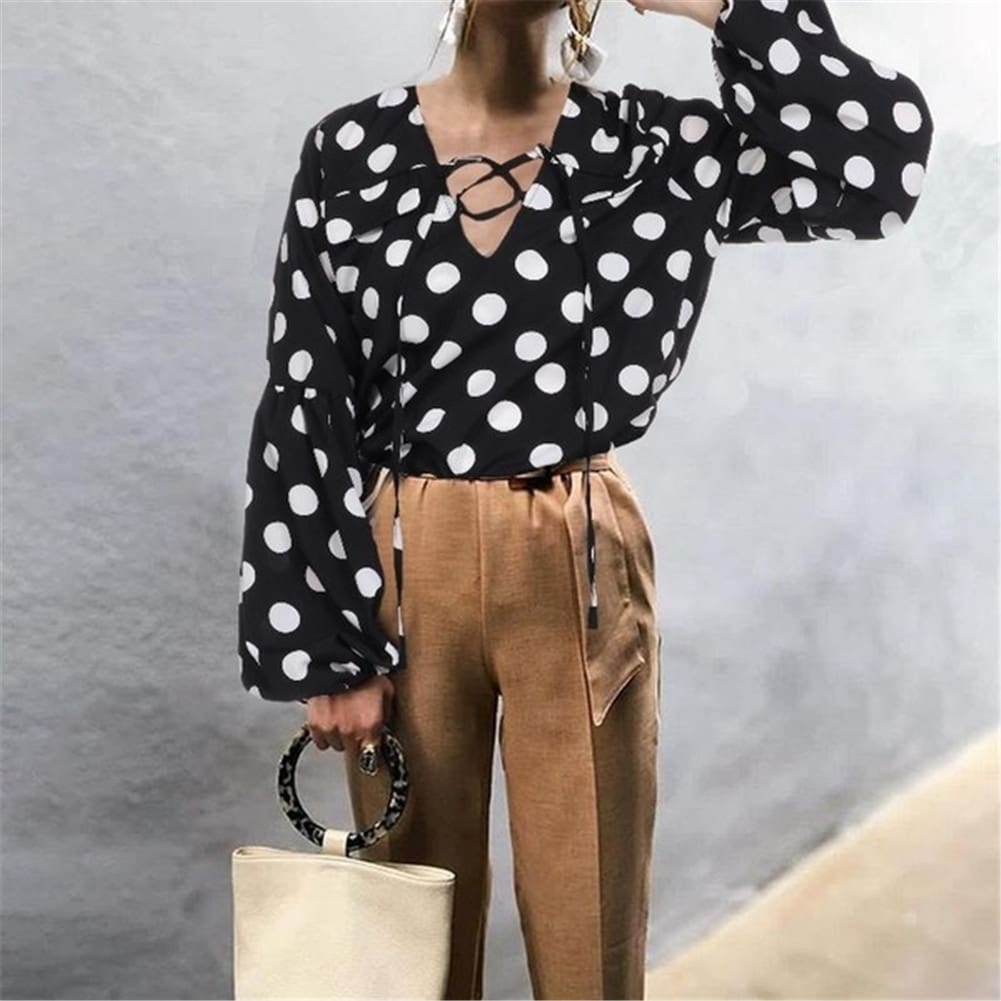 Women Blouse Shirt Polka Dot Striped Leopard Loose Blouse Top Tunic Shirt