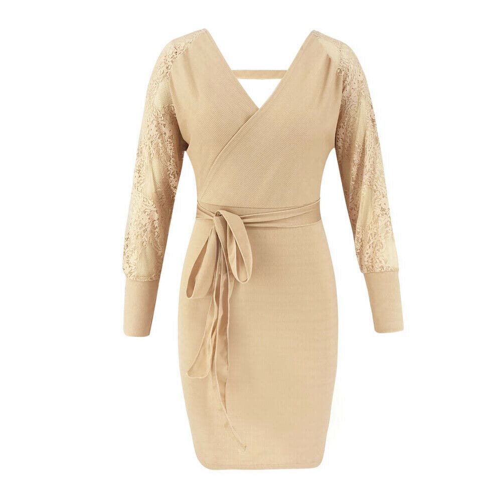 Women Elegant Knitted Pencil Dress New Woolen Split Dress Lace Long Sleeve V Neck Party Clubwear Belt Autumn Winter Lady