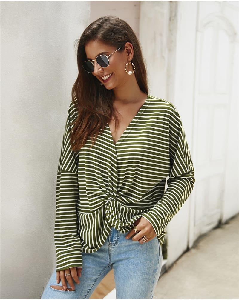 Fashion Women Autumn Casual Top Long Sleeve T shirt V Neck crisscross Tee Shirt Femme Elegant Stripe Dames tshirt Streetwear