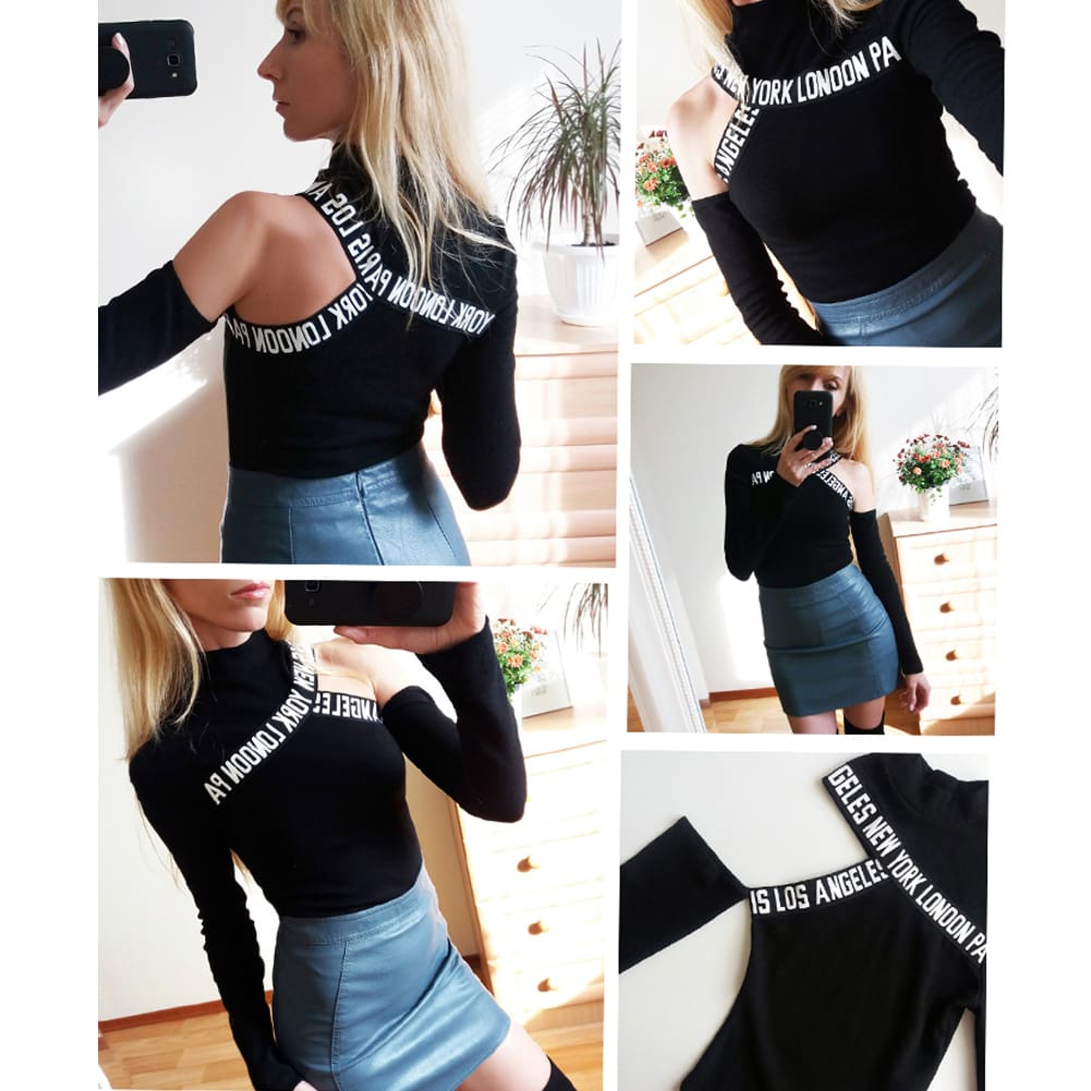 Fashion Women Hollow Out T Shirt Studded Long Sleeve Tops Tee Ladies Cold Shoulder Slim Fit Casual Tops Clubwear