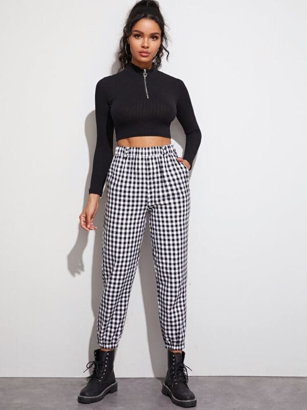 Gingham Plaid Print Elastic High Waist Joggers Sport Trousers Casual Harem Pants