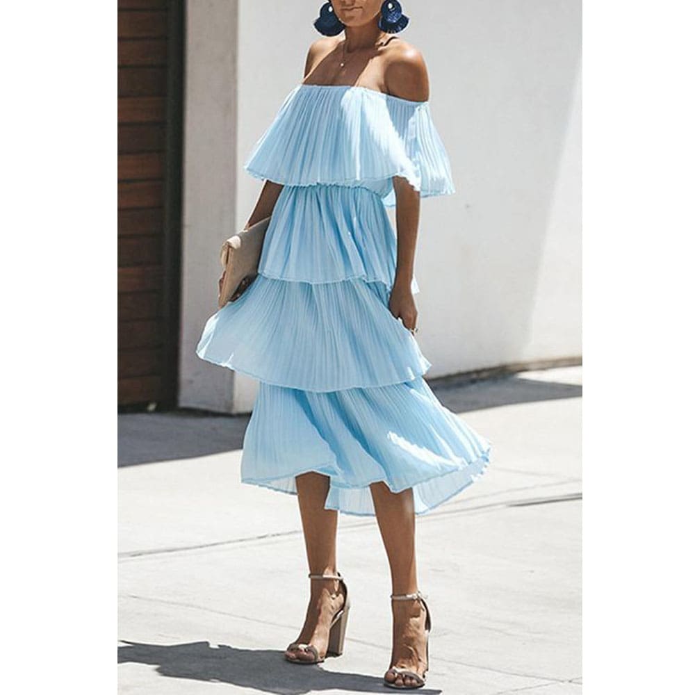 New Boho Womens Summer Beach Ruffle Long Dress Holiday Fashion Ladies Casual Layered Off Shoulder Sun Dresses