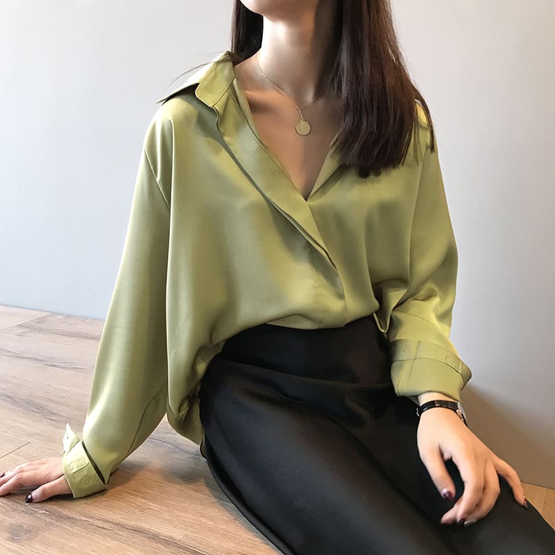 Fashion Women Fashion Long Sleeves Satin Blouse Top Casual Female Lapel Street Shirts Elegant Imitation Silk Blouse