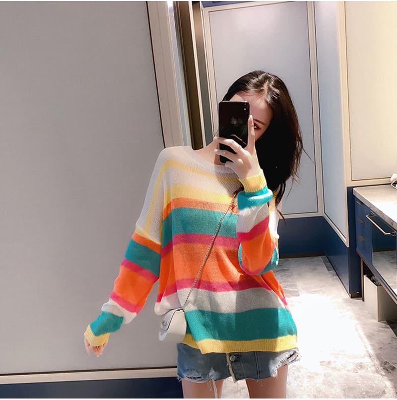 Fashion Women Summer Autumn Top Long Sleeve Loose Rainbow Stripe Sweater Elegant Ladies Casual Pullover Streetwear