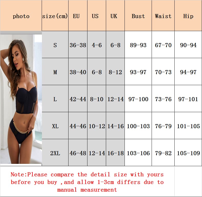 Summer Women Bandage Push-up Lace Chain Swimwear Bathing Padded Bra Bikini Set Swimsuit Black Plus Size