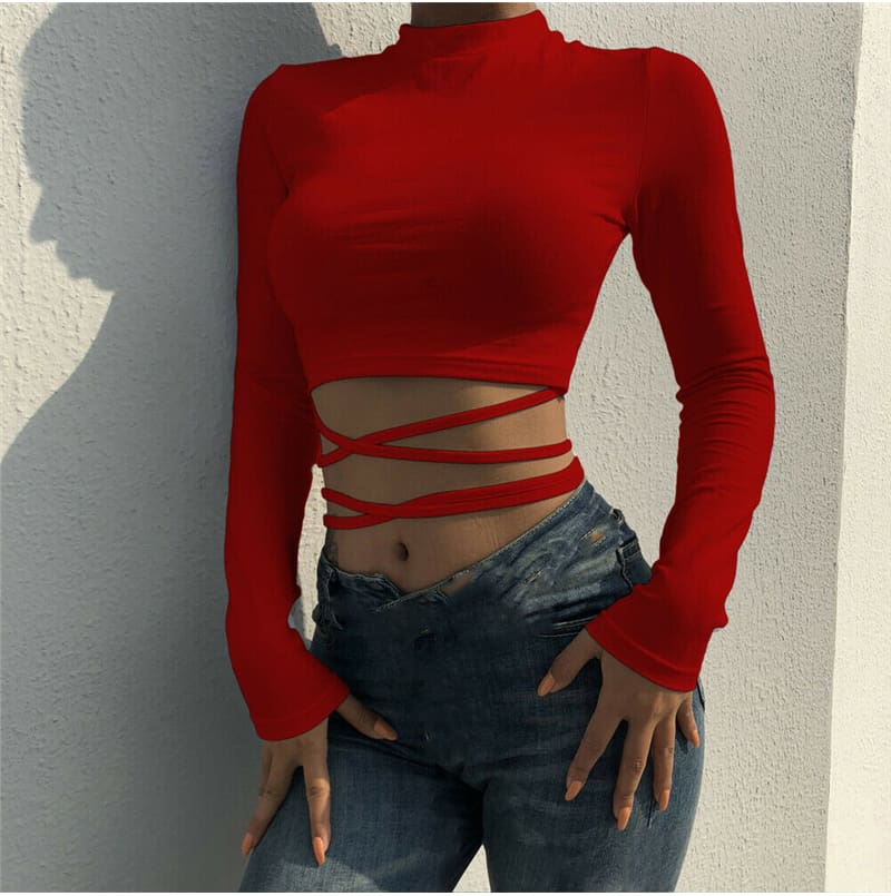 Women Bandage Tight Crop Tops Long Sleeve Bodycon Long Sleeve T shirt Ladies Plain Tee shirt Femme Party Club Tshirt