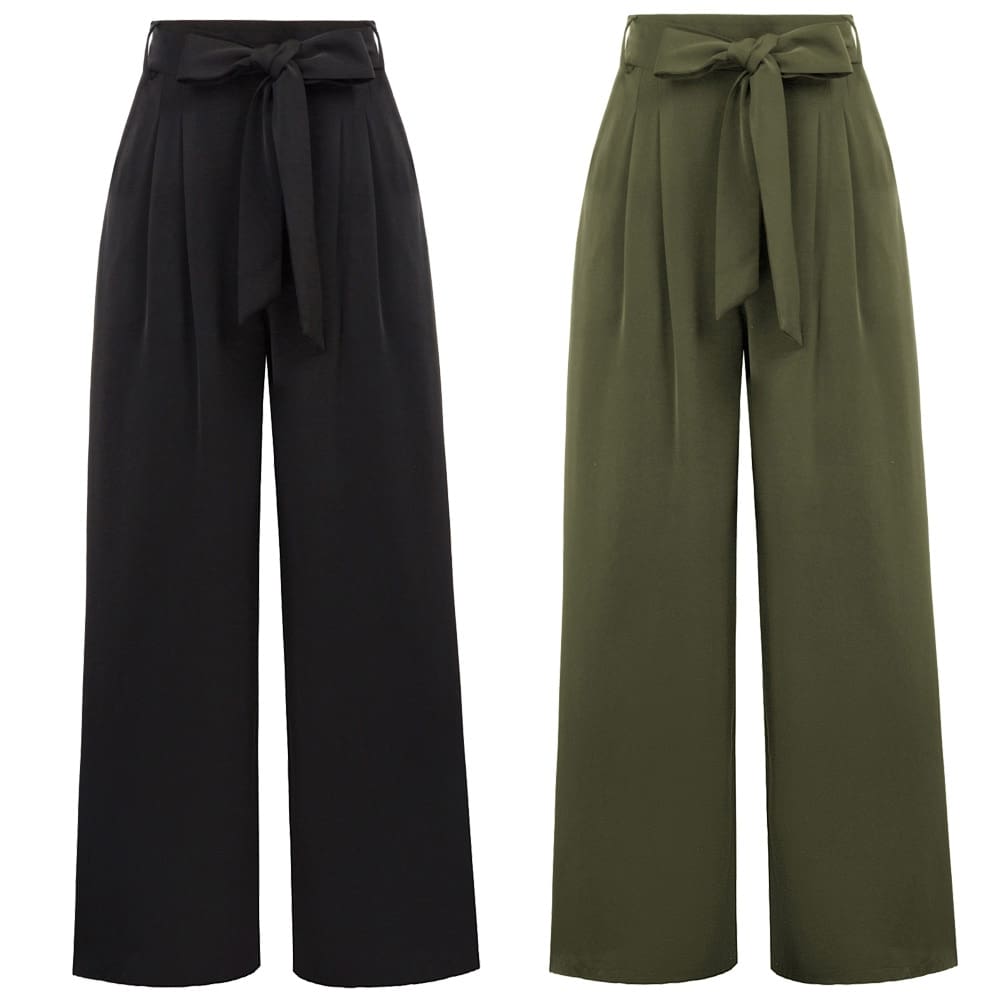 Women Elastic High Waist Casual Belt Trousers Straight Leg Long Pants