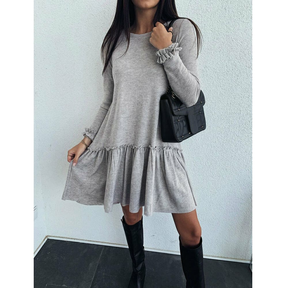 Women O Neck Ruffle Sweater Dress Jumper Autumn Baggy Long Sleeve Tops Pullover Casual Long Midi Dress