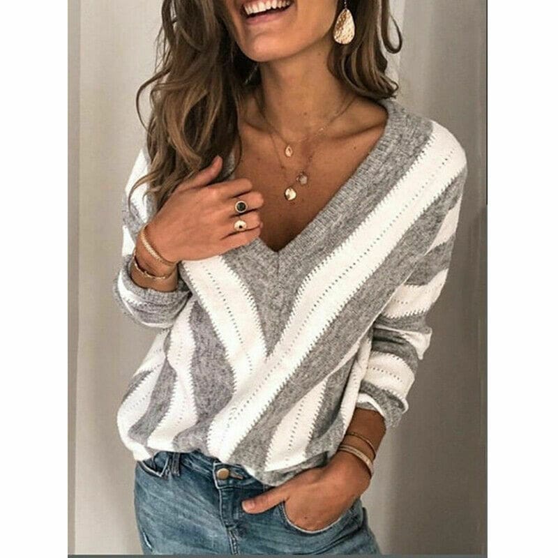 Womens Autumn Winter Striped Long Sleeve V Neck Knit Sweater Ladies Casual Jumper Loose Pullover Tops Blouse