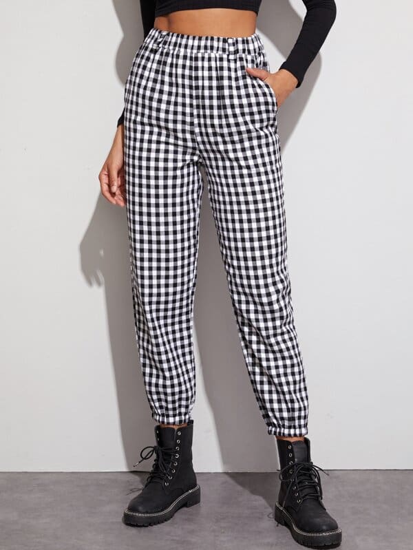 Gingham Plaid Print Elastic High Waist Joggers Sport Trousers Casual Harem Pants