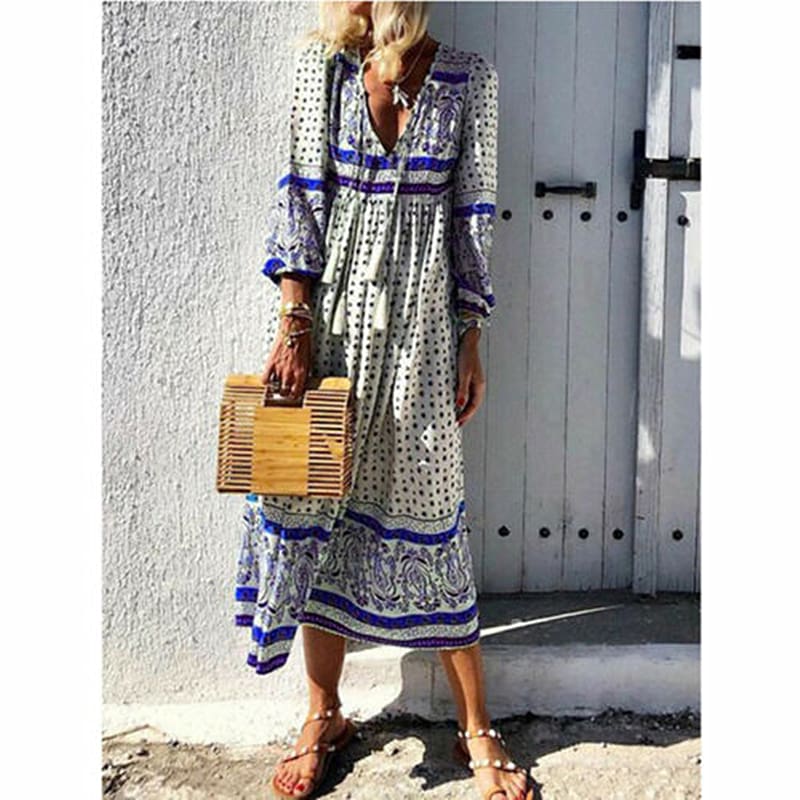 2019 Fashion Women Summer Boho Long Maxi Dress Ladies Casual Half Sleeve V neck Holiday Party Beach Dress Sundress