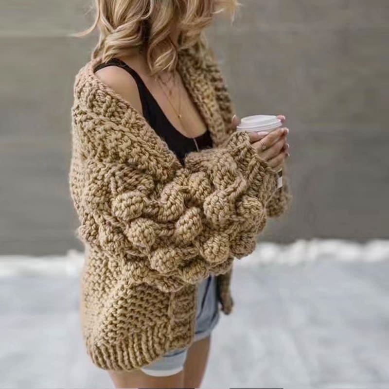 Women Knitted Cardigan Puff Sleeve Loose Sweater Ladies Autumn Winter Warm Casual Outwear Coat Tops