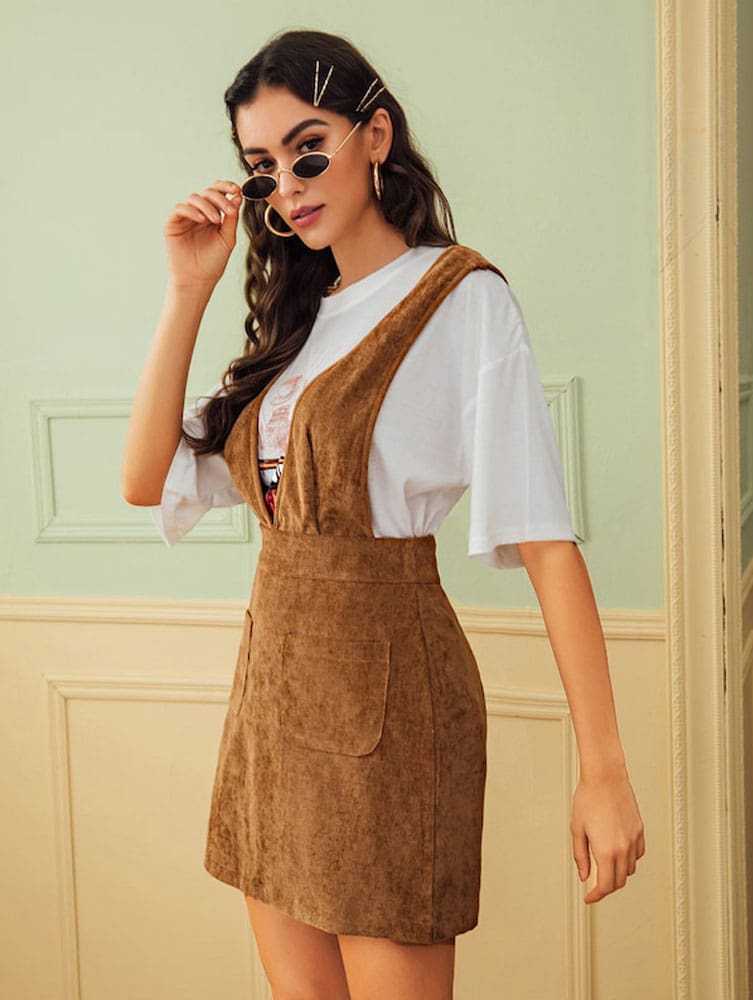 Autumn Winter Women Double Pocket Corduroy Suspender Skirt Ladies Casual Frill Ruffle Elastic High Waist Skirt