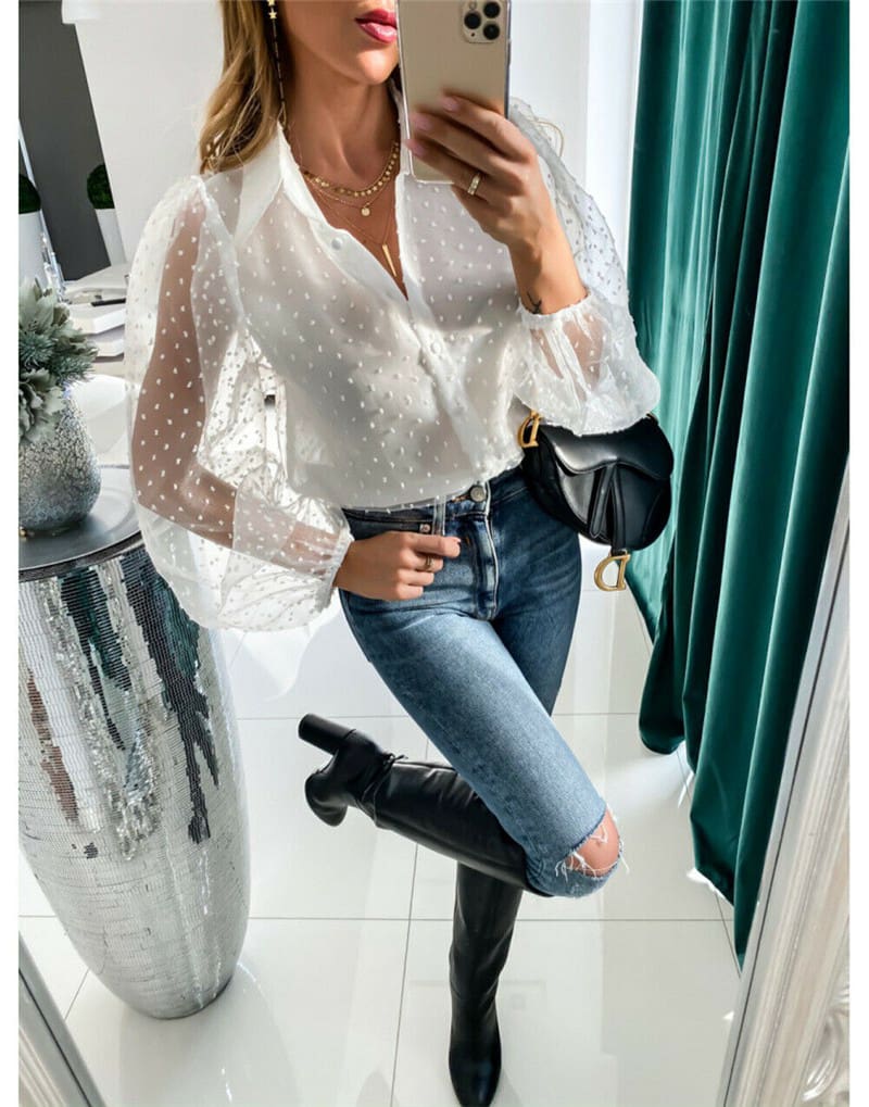 Women See Through Sleeve Sheer Mesh Dot Shirt Blouse Tops OL Puff Long Sleeve Shirt V-neck Buttons Shirts Blouses Outwear 2020