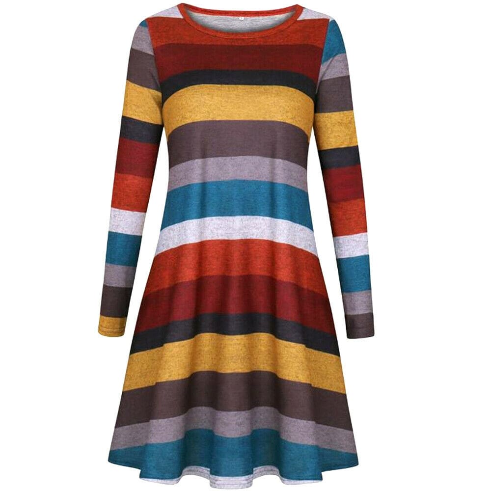 Women Stripe Mini Dress Round Neck Long Sleeve Ladies Casual Loose Tunic Pocket Short Dress