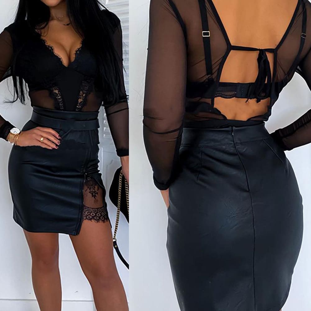 OL Formal Lace Patchwork Bodycon Skirts High Waist Zipper PU Leather Skirts