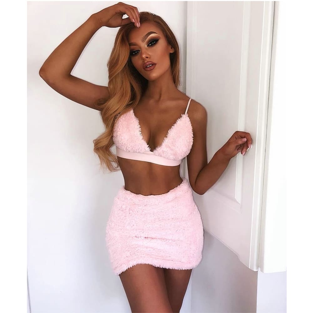 Women Sexy Strappy Bodycon Plush Crop Top Mini Skirt Spcs Set Evening Party Backless Suits Women Set