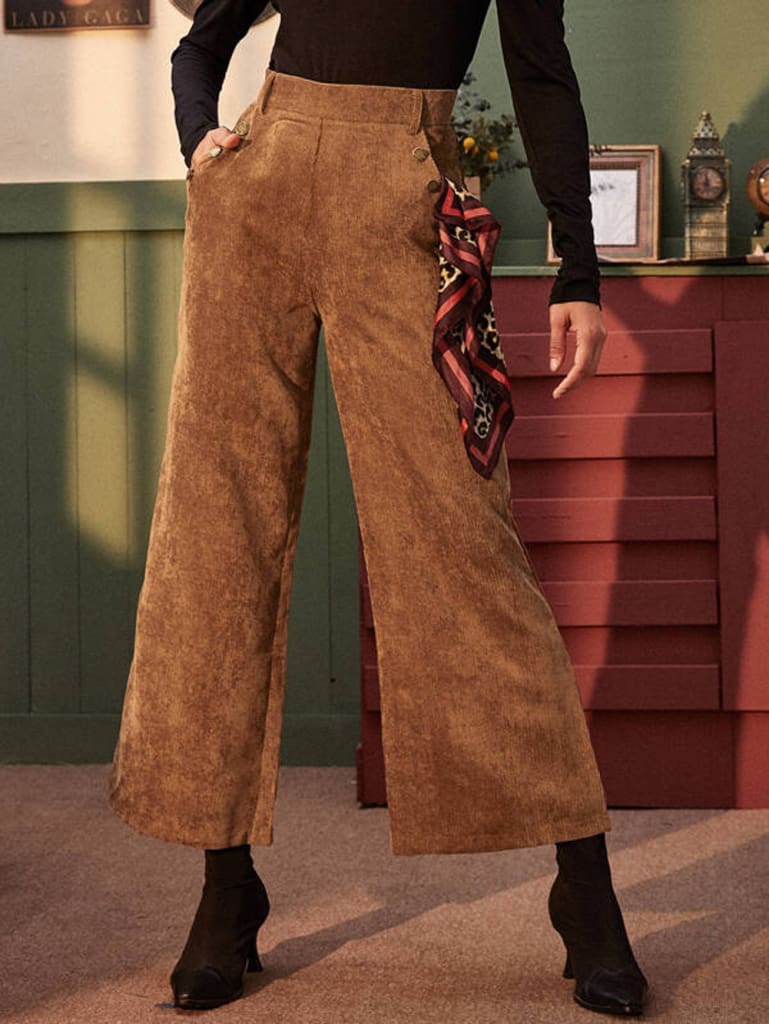 Womens Corduroy Wide-Leg Trousers High Waist Straight Loose Casual Straight Long Bell-bottom Pants