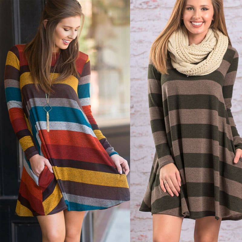 Women Stripe Mini Dress Round Neck Long Sleeve Ladies Casual Loose Tunic Pocket Short Dress