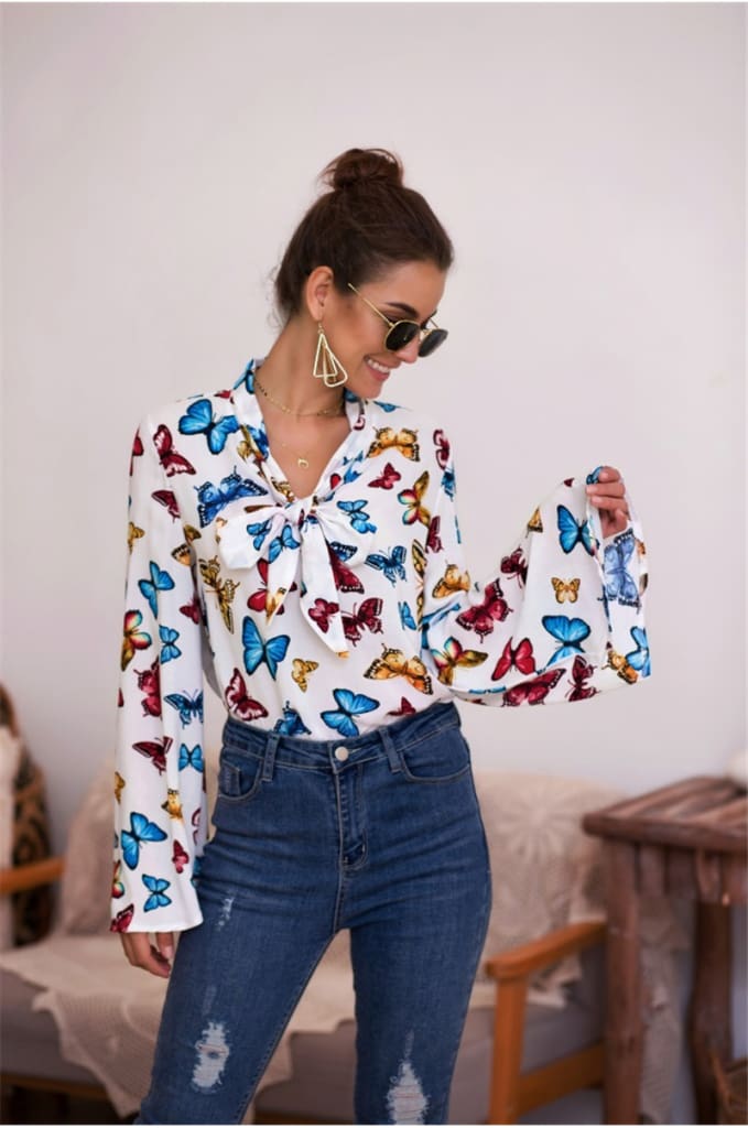 Boho Holiday Women Tops Shirt Elegant Long Sleeve Floral Shirt Ladies Long Sleeve V Neck Loose T shirt Streetwear