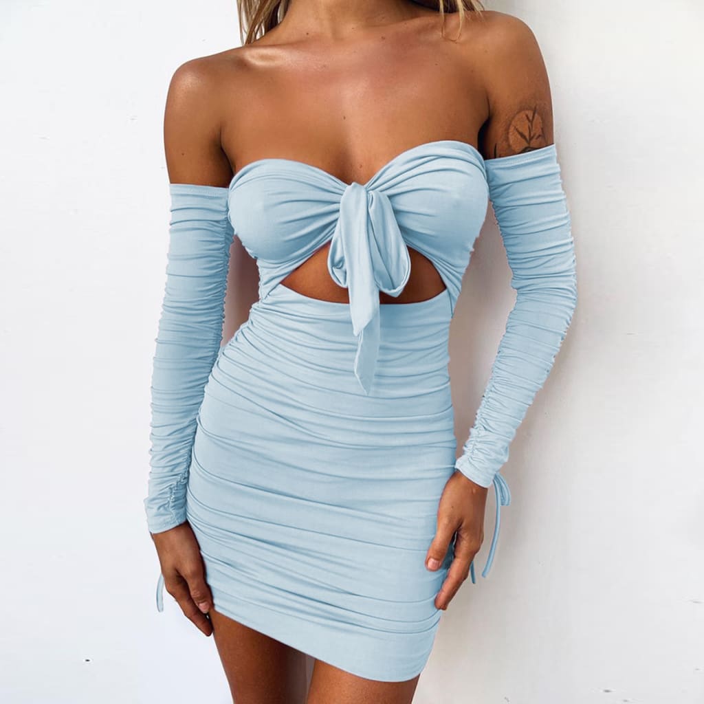 Women Bodycon Dress Off Shoulder Long Sleeve Hollow Out Solid Clubwear Party Ladies Casual Slim Mini Dress