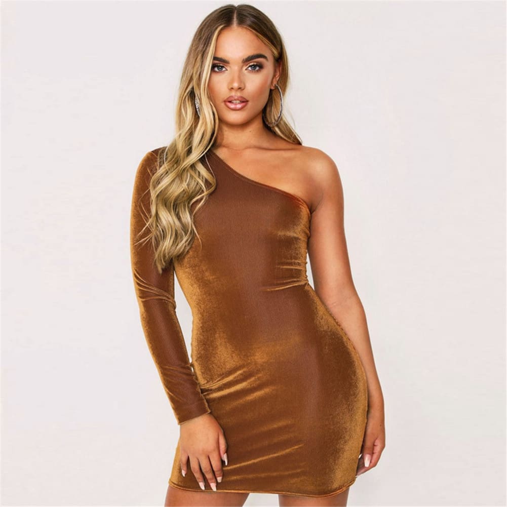 Women One Shoulder Bodycon Dress Ladies Long Sleeve Mini Pencil Dress Solid Club Skew Collar Dress 2020 Fashion Plain Dress