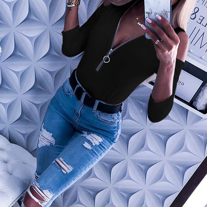 Women Lady Cold Shoulder Casual Slim T-Shirt Top Summer Sutumn Casual Zipper Daily Club Party Tees