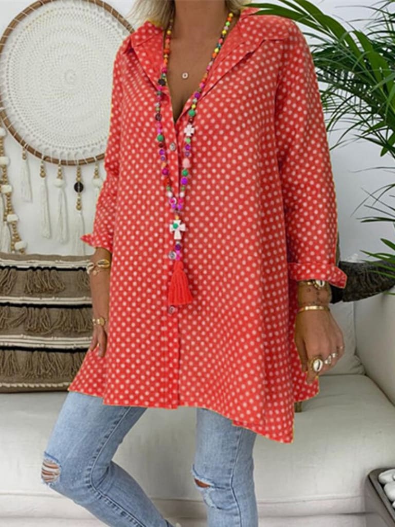 Ladies V-Neck Casual Blouse Long Sleeve Polka Dot Shirt Tops Shirts