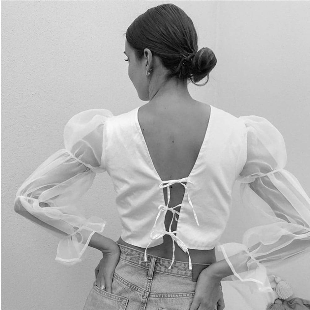 Women Fashion Lace Mesh Sheer See-through Puff Long Sleeve Tops Shirts Lace Up V neck Casual Holiday Blouse