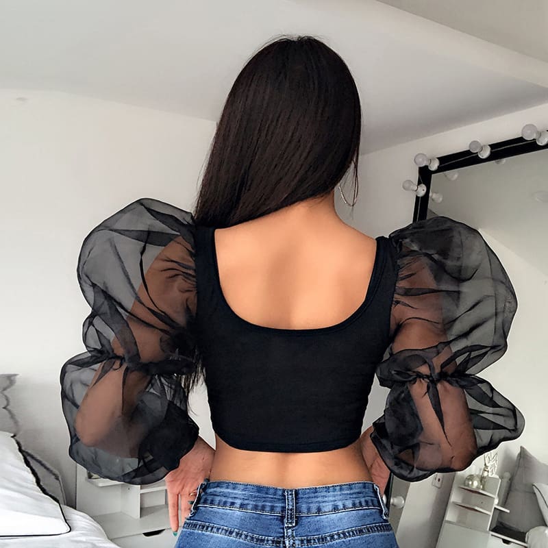 Fashion Women Puff Long Sleeve Sheer Mesh Solid Vest Crop Tops Ladies Sexy Summer Beach Tank Blouse Shirt