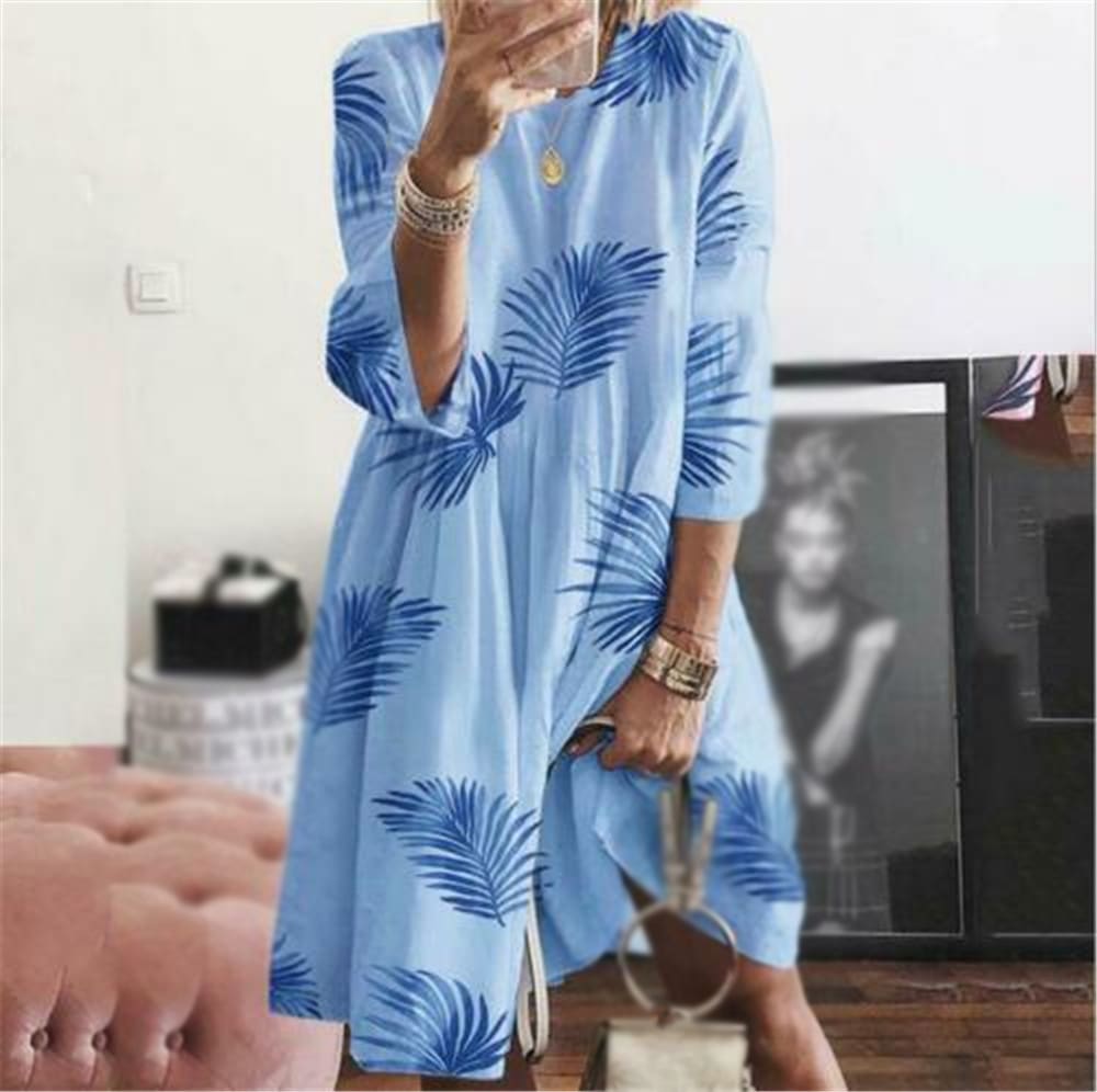 Summer Womens Boho Loose Print Beach Dresses Casual Ladies Three Quarter Sleeve Holiday Party Dress Sundress