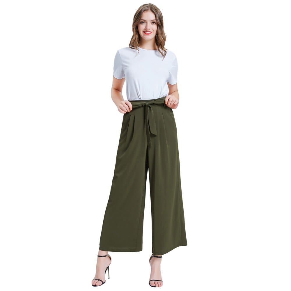 Women Elastic High Waist Casual Belt Trousers Straight Leg Long Pants