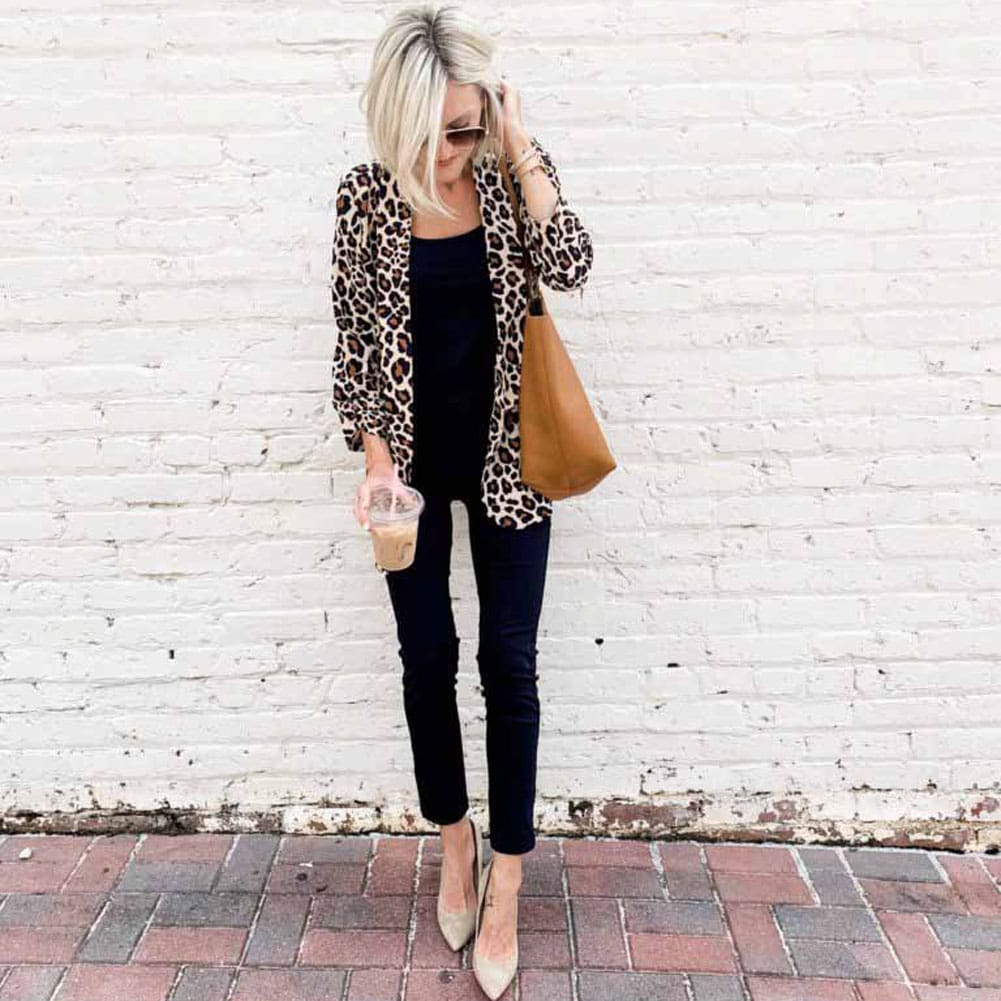 Women Fashion OL Blazer Suit Ladies Long Sleeves Leopard Cardigan Slim Fit Casual Jacket Coat Outwear Streetwear