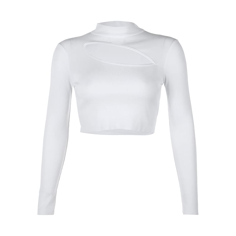 Women High Collar Hollow Long Sleeve Bodycon Crop Top Lady Fashion Sexy Slim T shirt Casual Pullover Tops