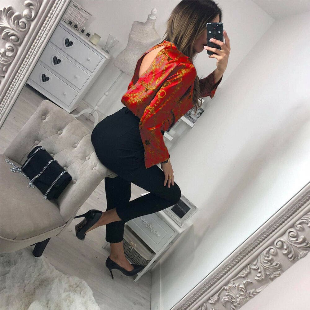 Vintage Silk Rompers Womens Jumpsuit Long Sleeve Chain Print Top Shirt Ladies Deep V Neck Key Printed Sexy Satin Bodysuits