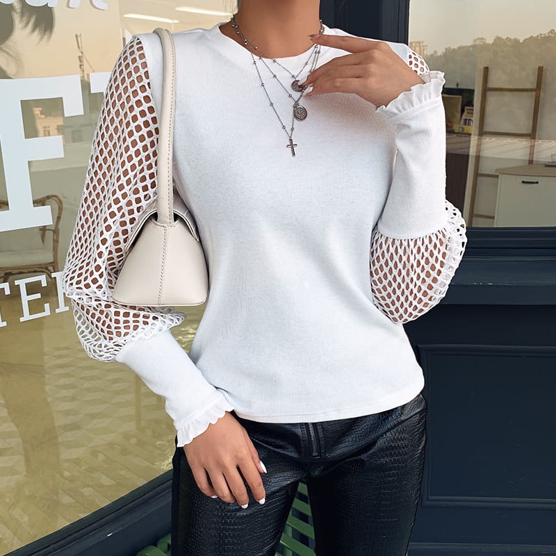 Fashion Women Mesh Long Sleeve Round Neck Sweater Jumper Tops Shirt Ladies Autumn Casual Tops Blouse Pullover