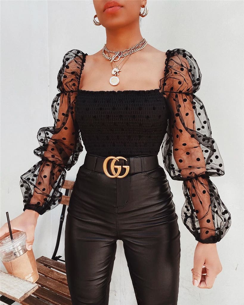 Women Mesh Sheer T Shirt See-through Long Sleeve Top Shirt