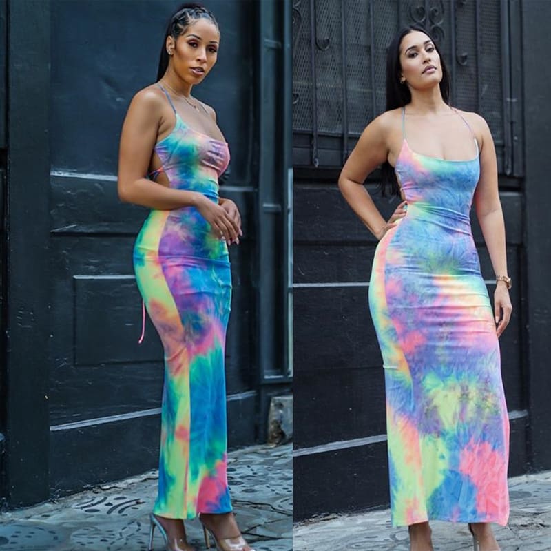 New Women Backless Holiday Beach Strappy Bodycon Dress Summer Tie Dyeing Party Slim Dresses Clubwear