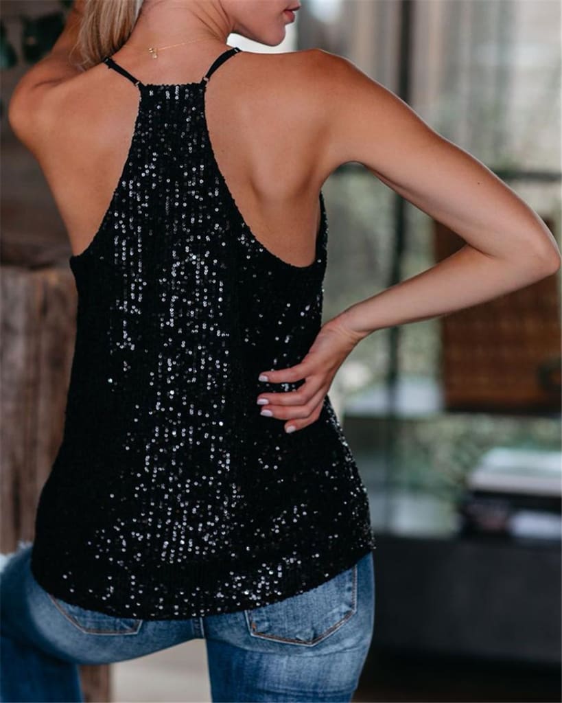 Women Camisole Casual V Neck Sequins Strappy Tank Top Vest sleeveless Solid Blouse Tee