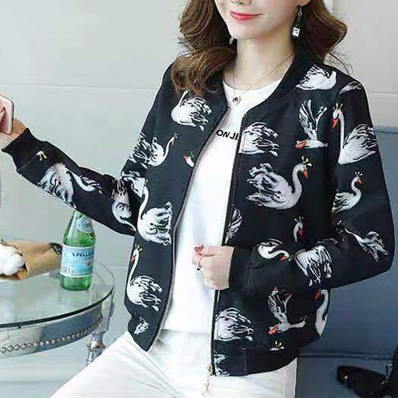 Womens Autumn Winter Bomber Jacket Classic New Fashion Ladies Casual Zip Up Biker Floral Coats Black Women Clothes