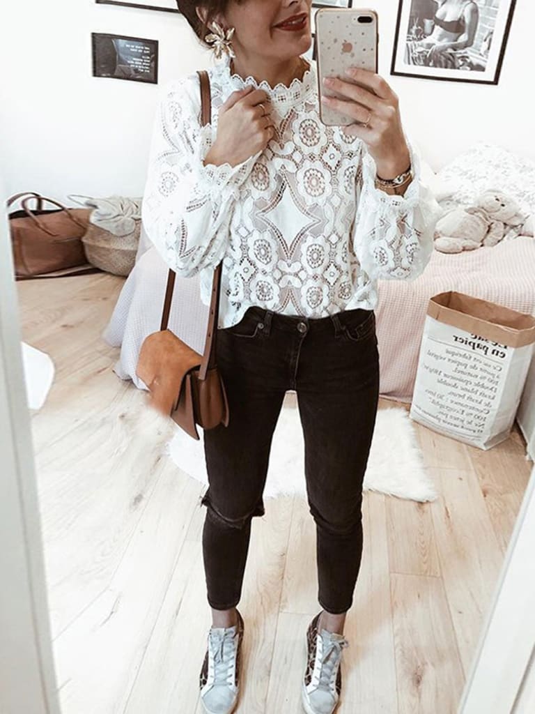 Fashion Women T-shirt Lace Hollow Out Slim White Long Sleeve T-shirt Tops Summer Women Girl Clothes Stylish