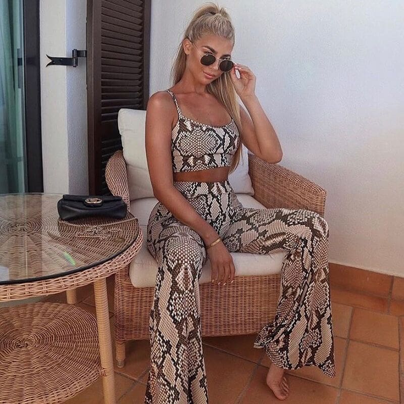 Snake Print Two Piece Set Women Evening Party Club Bandage Sleeveless Crop Top and Pant Snakeskin Suit Clothes set Streetwear