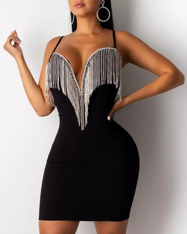 Women Lady Sequin Jumpsuit Romper Bodycon Backless Clubwear Party Long Pant Trouser Black Tassels Dress Outfit