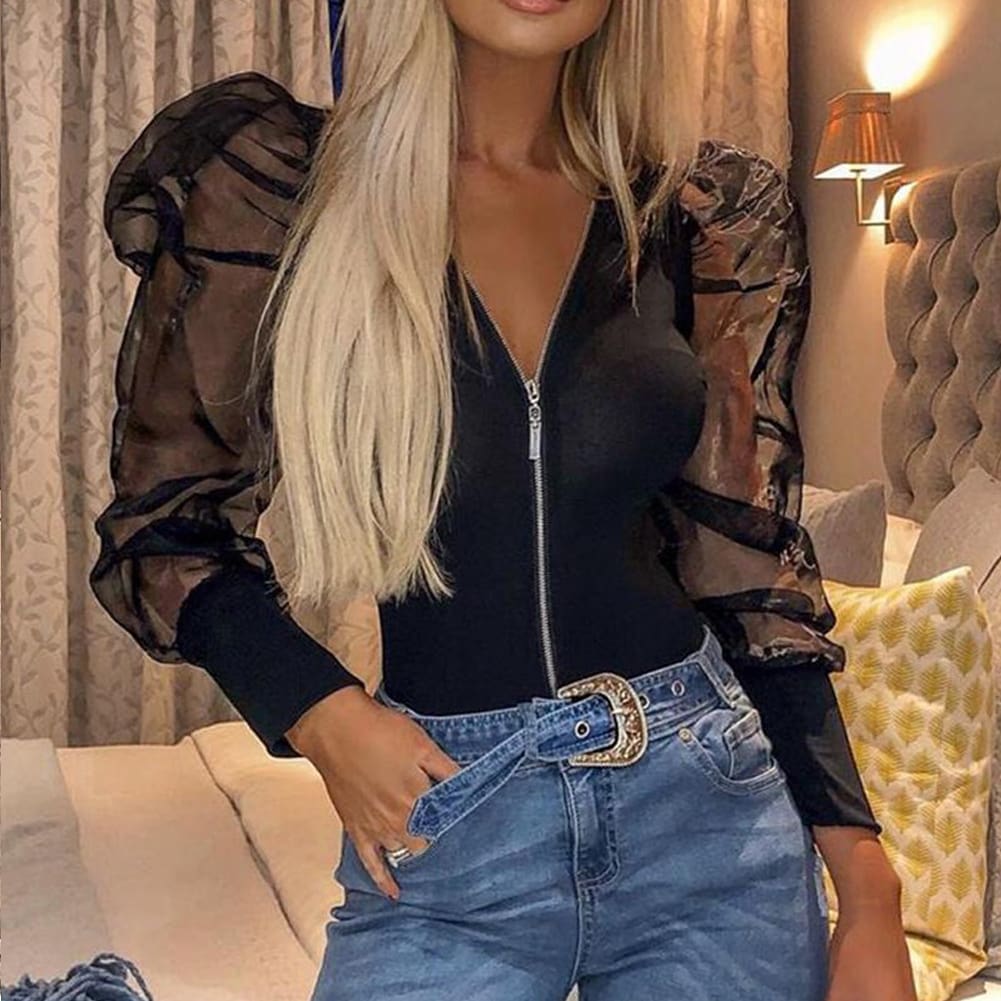 Fashion Women Leotard Bodysuit Tops Autumn Ladies Mesh Zipper Puff Sleeve Solid Romper Jumpsuit Clubwear